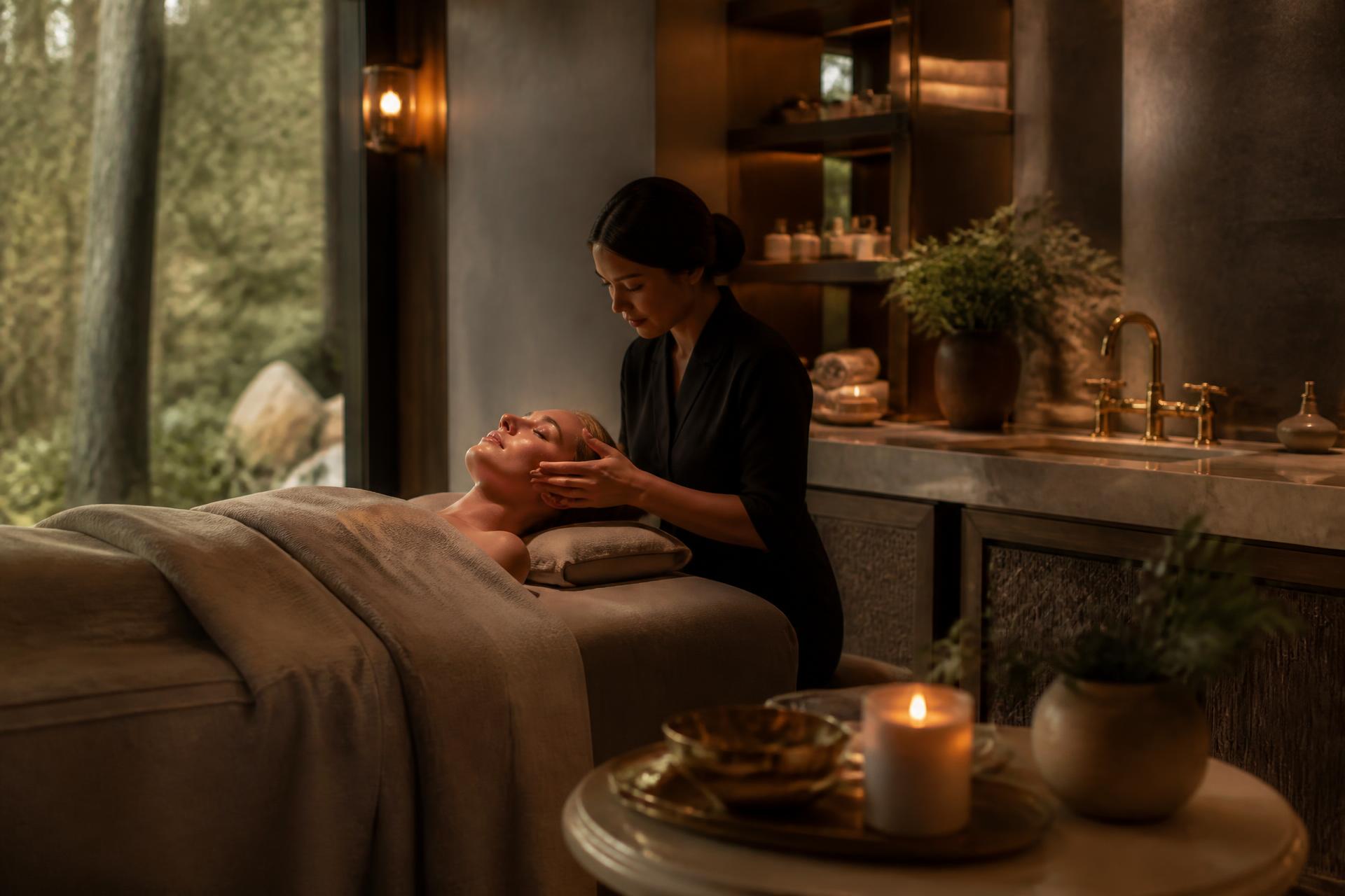 Behandelkamer van Beauty Institute Zenzo met warm licht en uitzicht op het bos